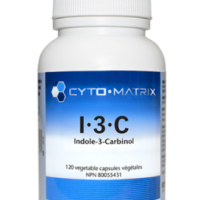 A bottle of Indole-3-Carbinol (I·3·C) 120 v-caps, a natural antioxidant supplement, against a white background.