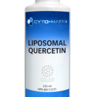 A bottle of Liposomal Quercetin 225ml, a potent antioxidant supplement, against a white background.
