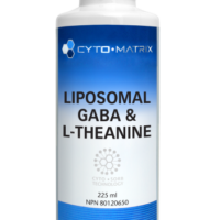 A bottle of Liposomal GABA & L-Theanine 225ml, a stress-relieving blend, against a white background.